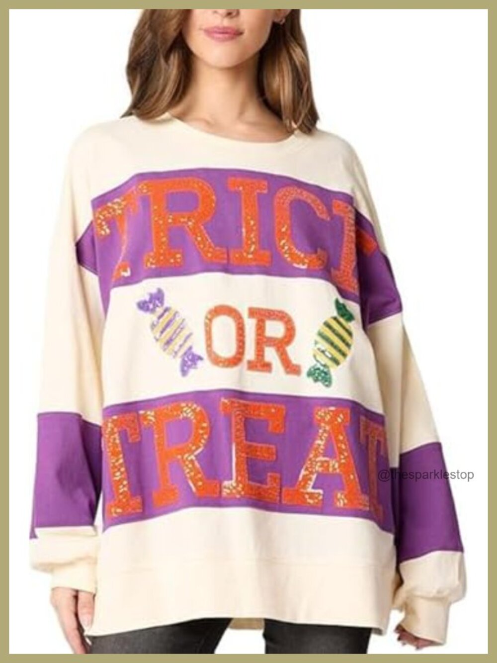 Halloween Sweatshirt Sequin Color Block Crewneck Long Sleeve Glitter Pullover